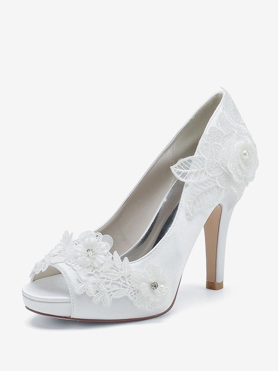 Flower Leaves Pattern Satin Peep Toe Wedding Bridal Shoes