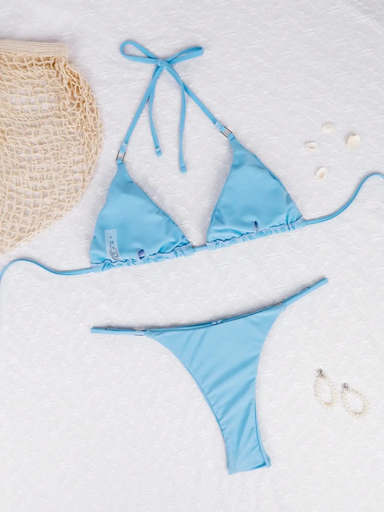 Blue Triangle Bikini Set - High Cut Thong Bottoms and Adjustable Straps - Perfect