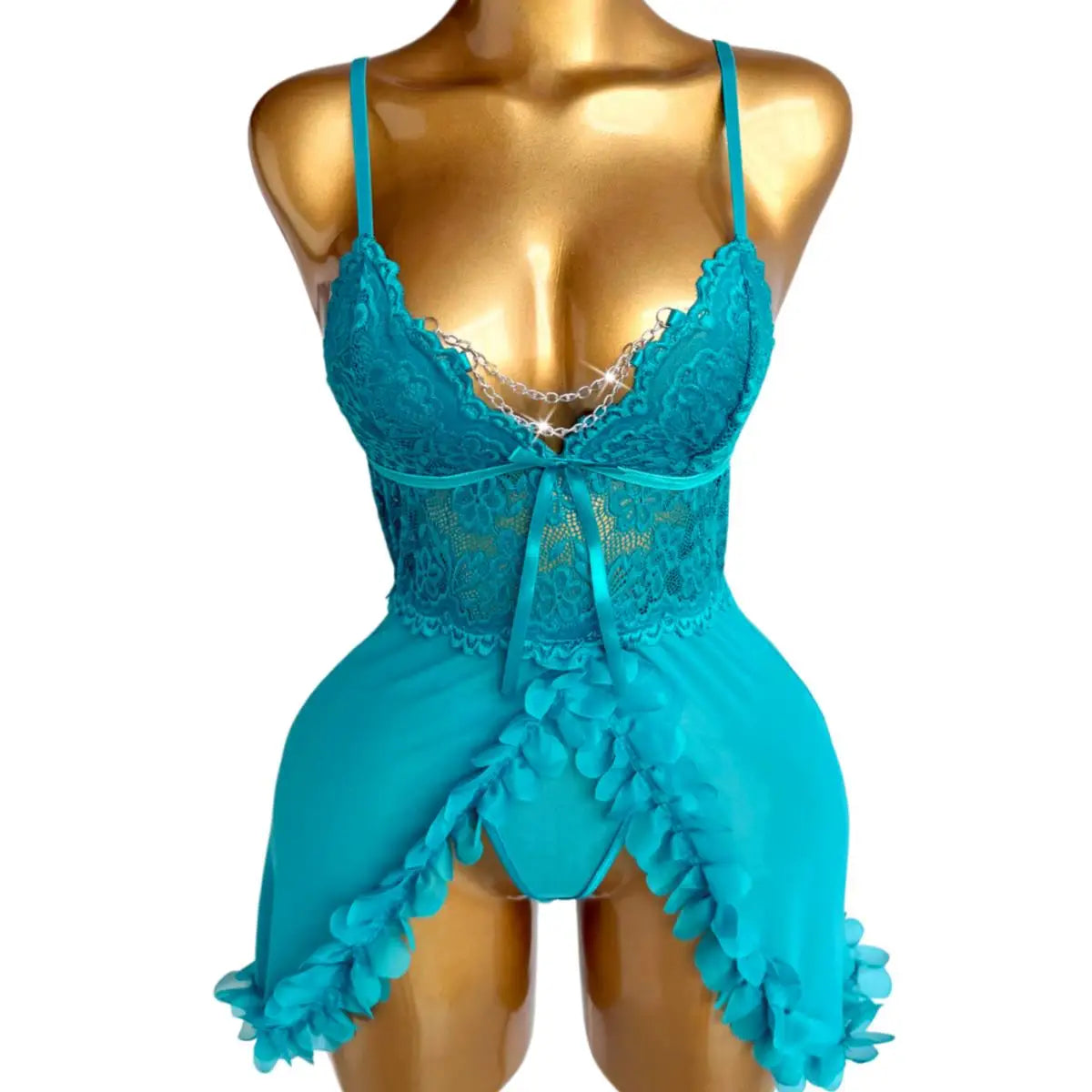 New Blue Lace Babydolls Lingerie Set - Deep V-Neck Spaghetti Strap Chemise With Matching Thong Babydoll Nightgown