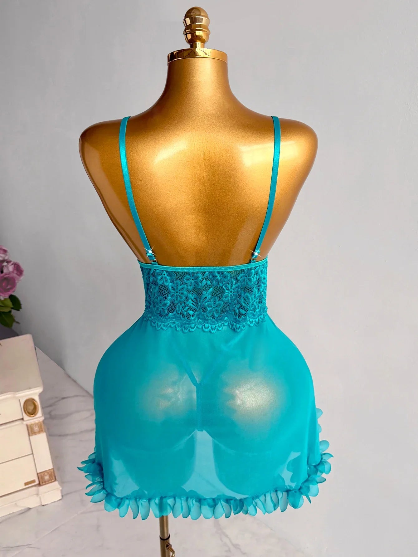 New Blue Lace Babydolls Lingerie Set - Deep V-Neck Spaghetti Strap Chemise With Matching Thong Babydoll Nightgown