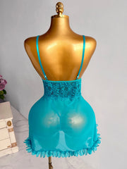 New Blue Lace Babydolls Lingerie Set - Deep V-Neck Spaghetti Strap Chemise With Matching Thong Babydoll Nightgown