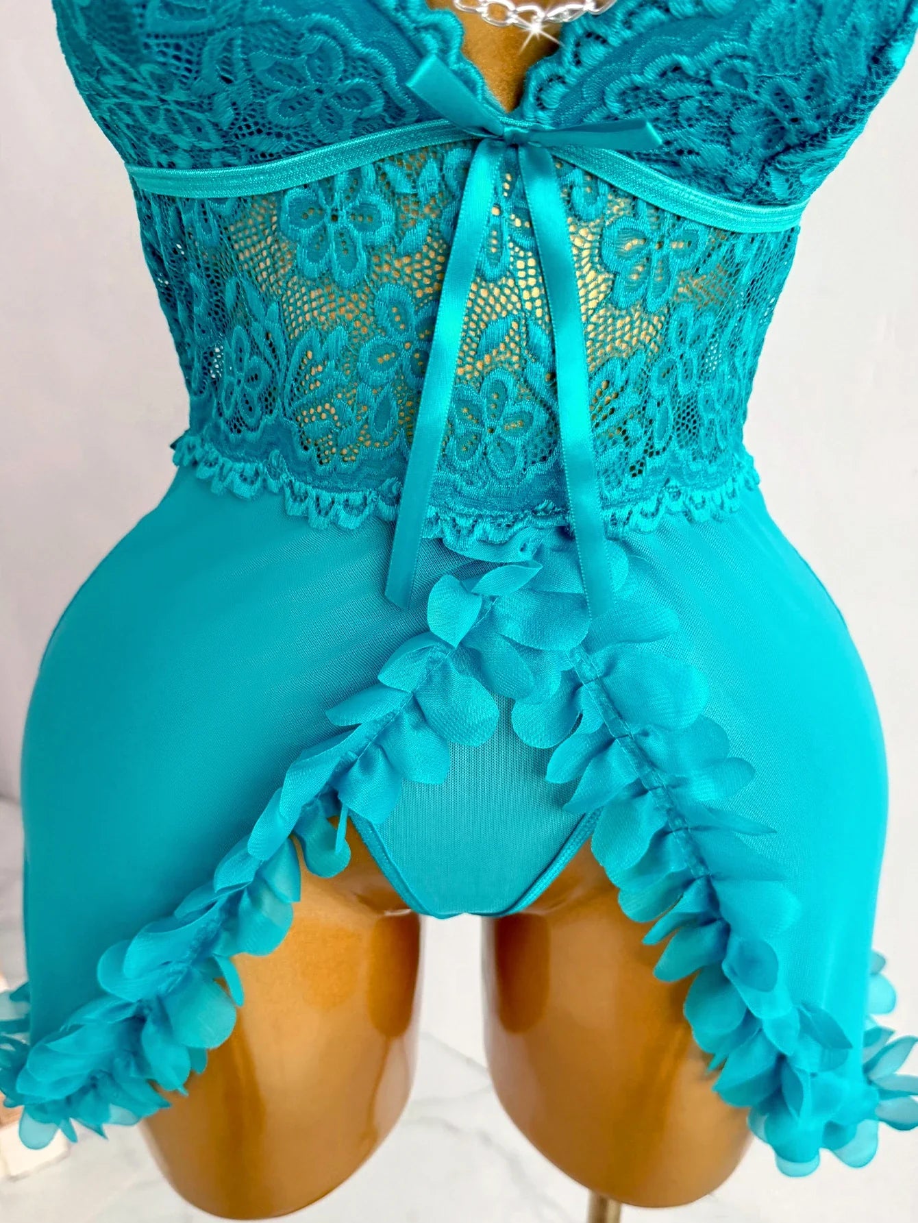 New Blue Lace Babydolls Lingerie Set - Deep V-Neck Spaghetti Strap Chemise With Matching Thong Babydoll Nightgown