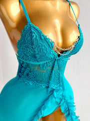New Blue Lace Babydolls Lingerie Set - Deep V-Neck Spaghetti Strap Chemise With Matching Thong Babydoll Nightgown