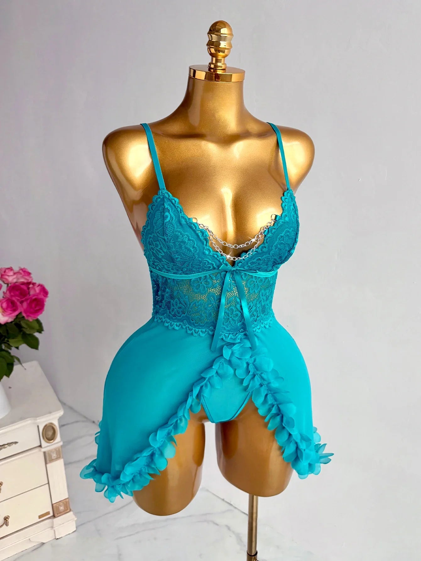 New Blue Lace Babydolls Lingerie Set - Deep V-Neck Spaghetti Strap Chemise With Matching Thong Babydoll Nightgown