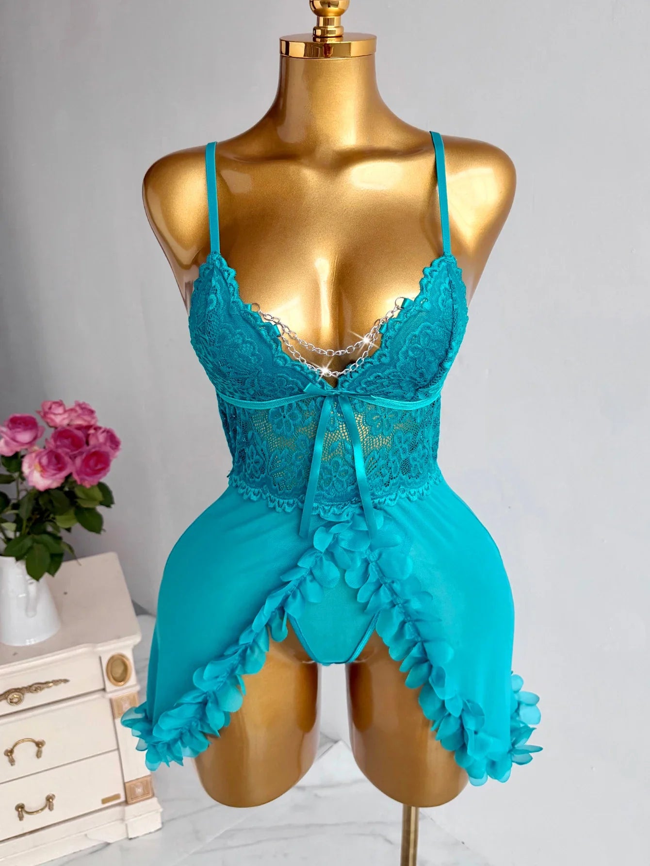 New Blue Lace Babydolls Lingerie Set - Deep V-Neck Spaghetti Strap Chemise With Matching Thong Babydoll Nightgown