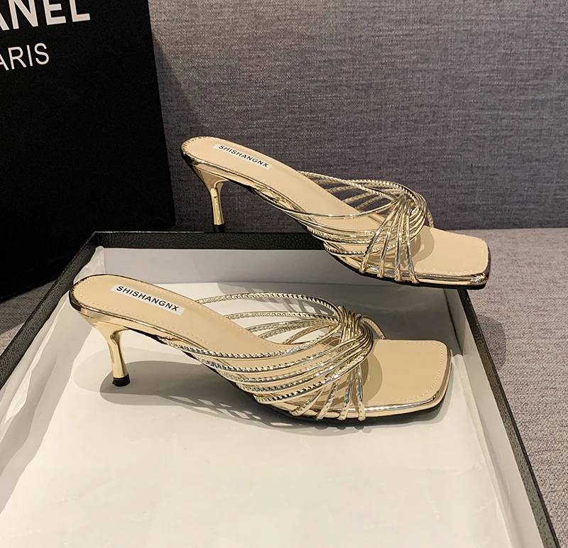 Concise Rubber Narrow Band Evening Square Heel Party Sandals