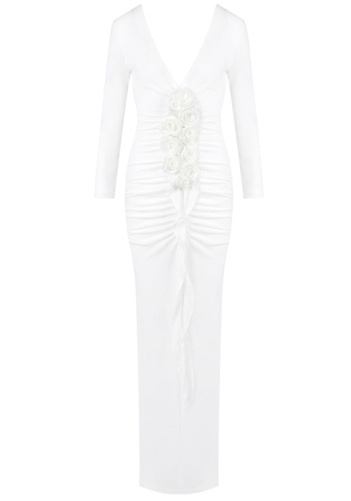 Long Sleeve Floral Ruched Maxi Dress White