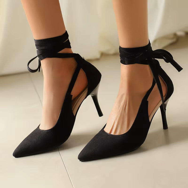 Elegant Pointed Toe Pumps Flock Lined Cross Strap High Heels