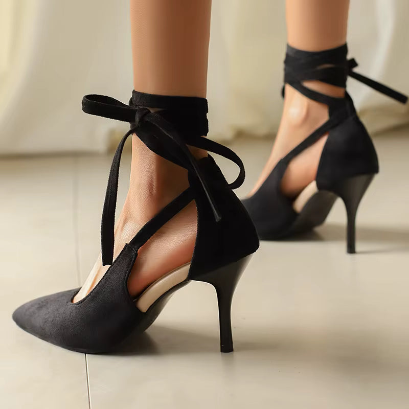 Elegant Pointed Toe Pumps Flock Lined Cross Strap High Heels