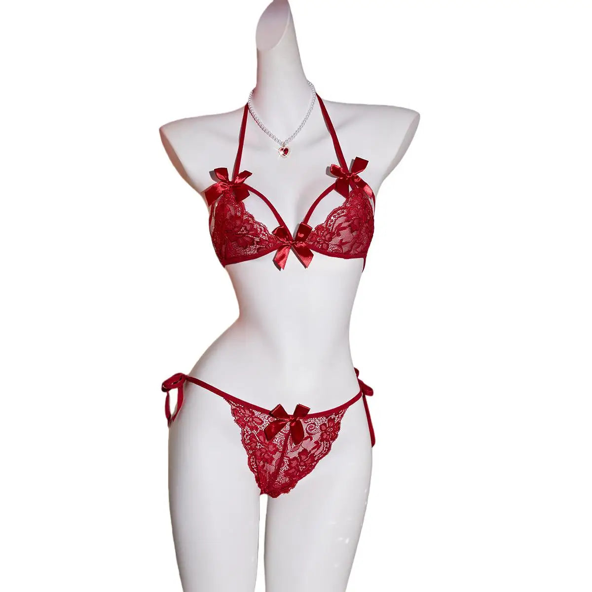 2PCS bow Bra Panties Set Lingeries transparent lace Kawaii Bikini Lace-up Strap red Breathable Soft Thin Underwear