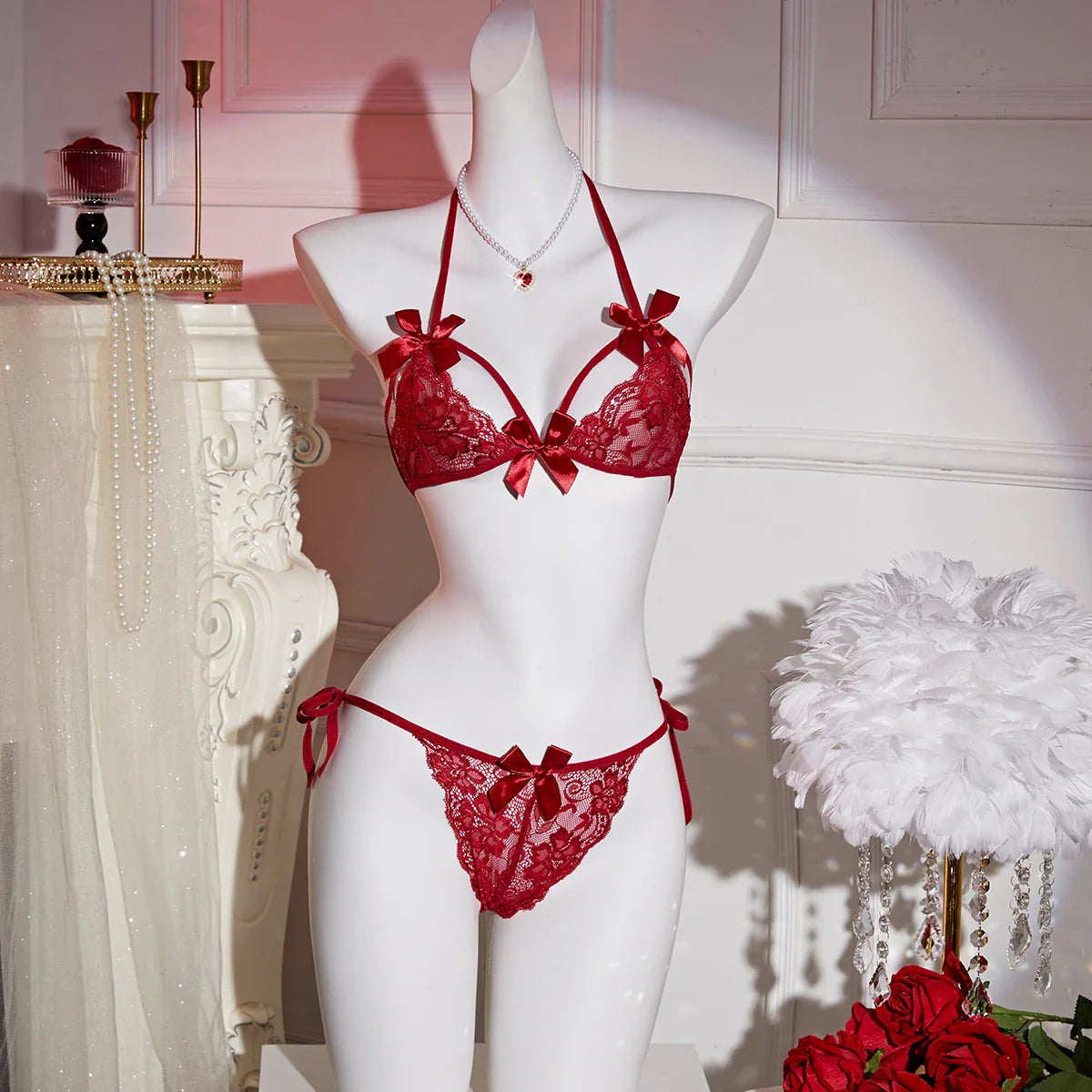 2PCS bow Bra Panties Set Lingeries transparent lace Kawaii Bikini Lace-up Strap red Breathable Soft Thin Underwear