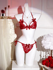 2PCS bow Bra Panties Set Lingeries transparent lace Kawaii Bikini Lace-up Strap red Breathable Soft Thin Underwear