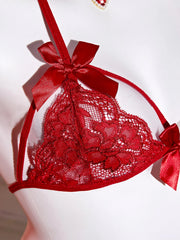 2PCS bow Bra Panties Set Lingeries transparent lace Kawaii Bikini Lace-up Strap red Breathable Soft Thin Underwear