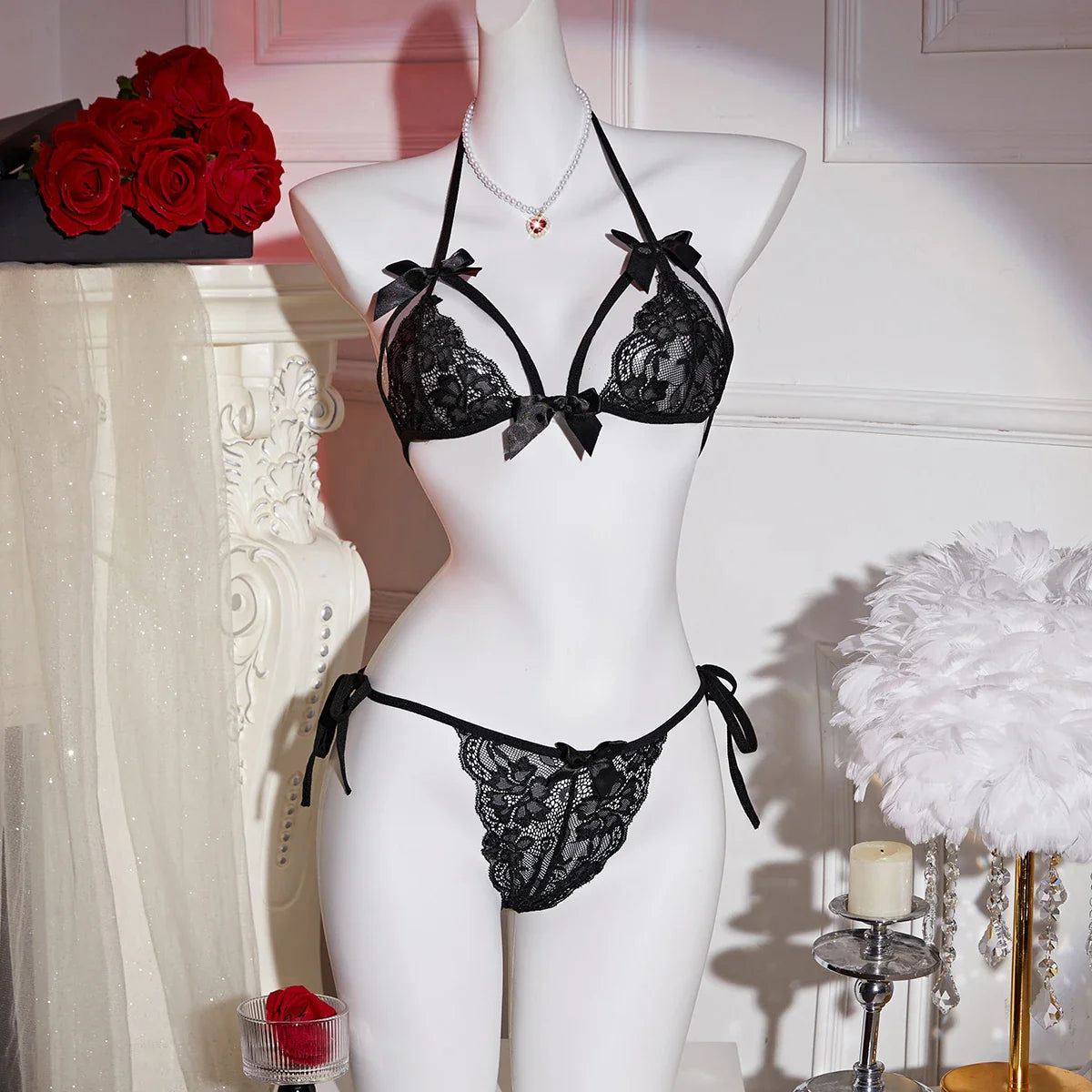 2PCS bow Bra Panties Set Lingeries transparent lace Kawaii Bikini Lace-up Strap red Breathable Soft Thin Underwear