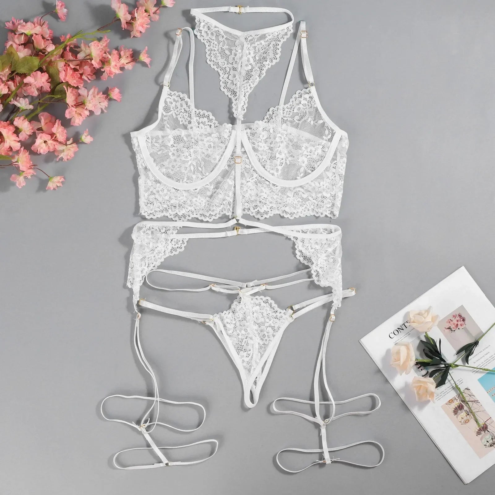 3PCS Lace See Through Bra Set Lingerie Underwear Halter Tops Bra and Panties Garter Intimate