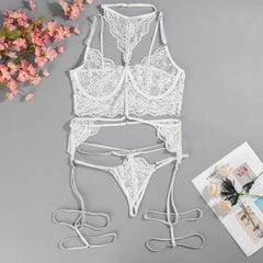3PCS Lace See Through Bra Set Lingerie Underwear Halter Tops Bra and Panties Garter Intimate