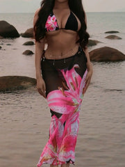 3pcs/Set Summer Floral Print Spaghetti Strap Bikini Set With Wrap Skirt