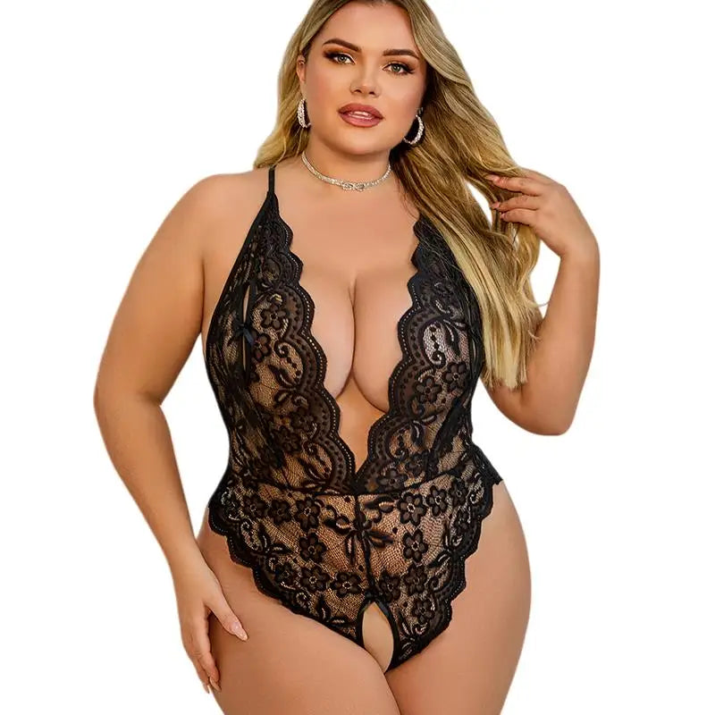4XL Plus Size Open Bra Crotchless Romantic Lingerie Lace Sheer With Buckles Deep V Babydoll Teddy Bodysuit Erotic Underwear