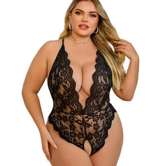 4XL Plus Size Open Bra Crotchless Romantic Lingerie Lace Sheer With Buckles Deep V Babydoll Teddy Bodysuit Erotic Underwear