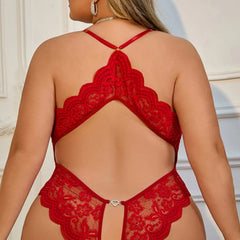 4XL Plus Size Open Bra Crotchless Romantic Lingerie Lace Sheer With Buckles Deep V Babydoll Teddy Bodysuit Erotic Underwear