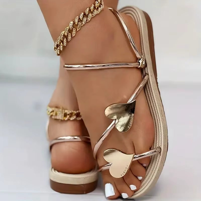 Elegant Heart Open Toe Non Slip Outdoor Beach Slides Flat Sandals