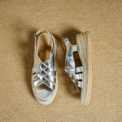 Genuine Leather Band Ankle Strap Round Toe Platform Wedge Sandals