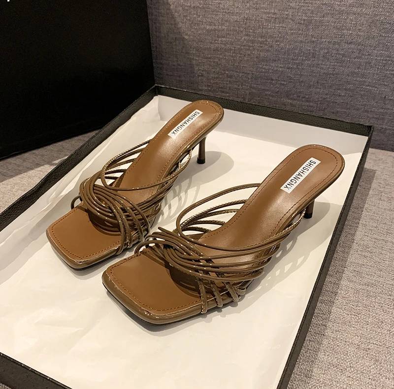 Concise Rubber Narrow Band Evening Square Heel Party Sandals