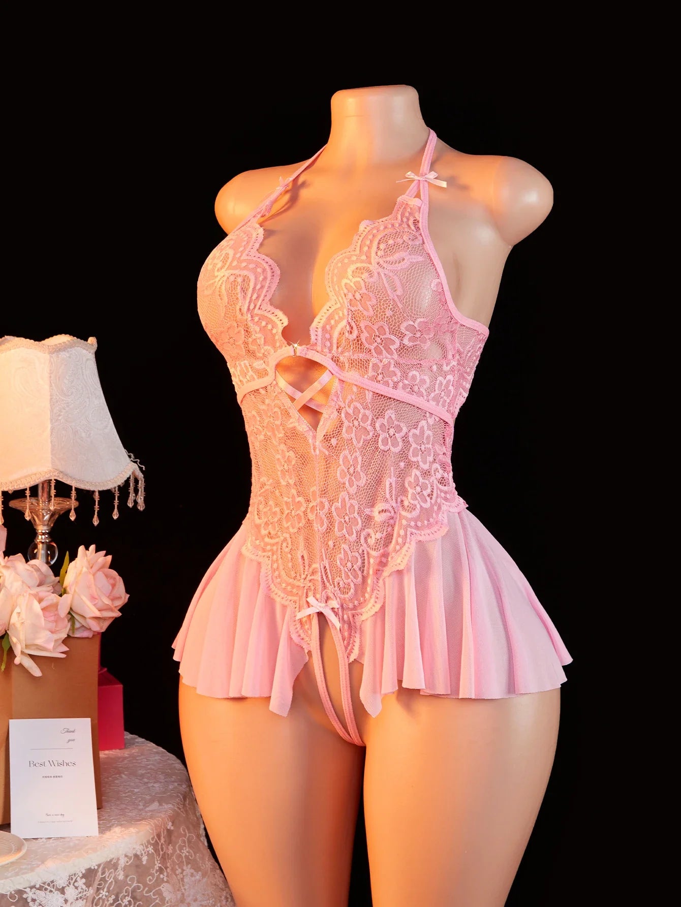 Adult Erotic Bodysuit Lace Hanging Collar Deep V-neck Semi Transparent Lingerie Crotchless Underwear