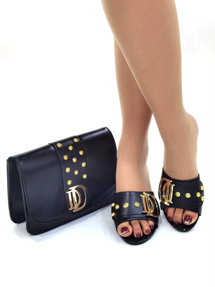 Artificial Leather Round Toe Matching Bags Wedding Shoes