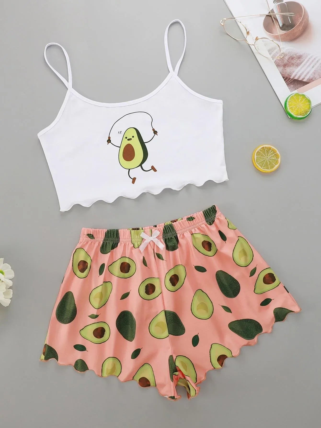 Avocado Print Camisole with Shorts Set Sleepwear Summer Pajamas Casual Lingerie Nightie Homewear Underwear