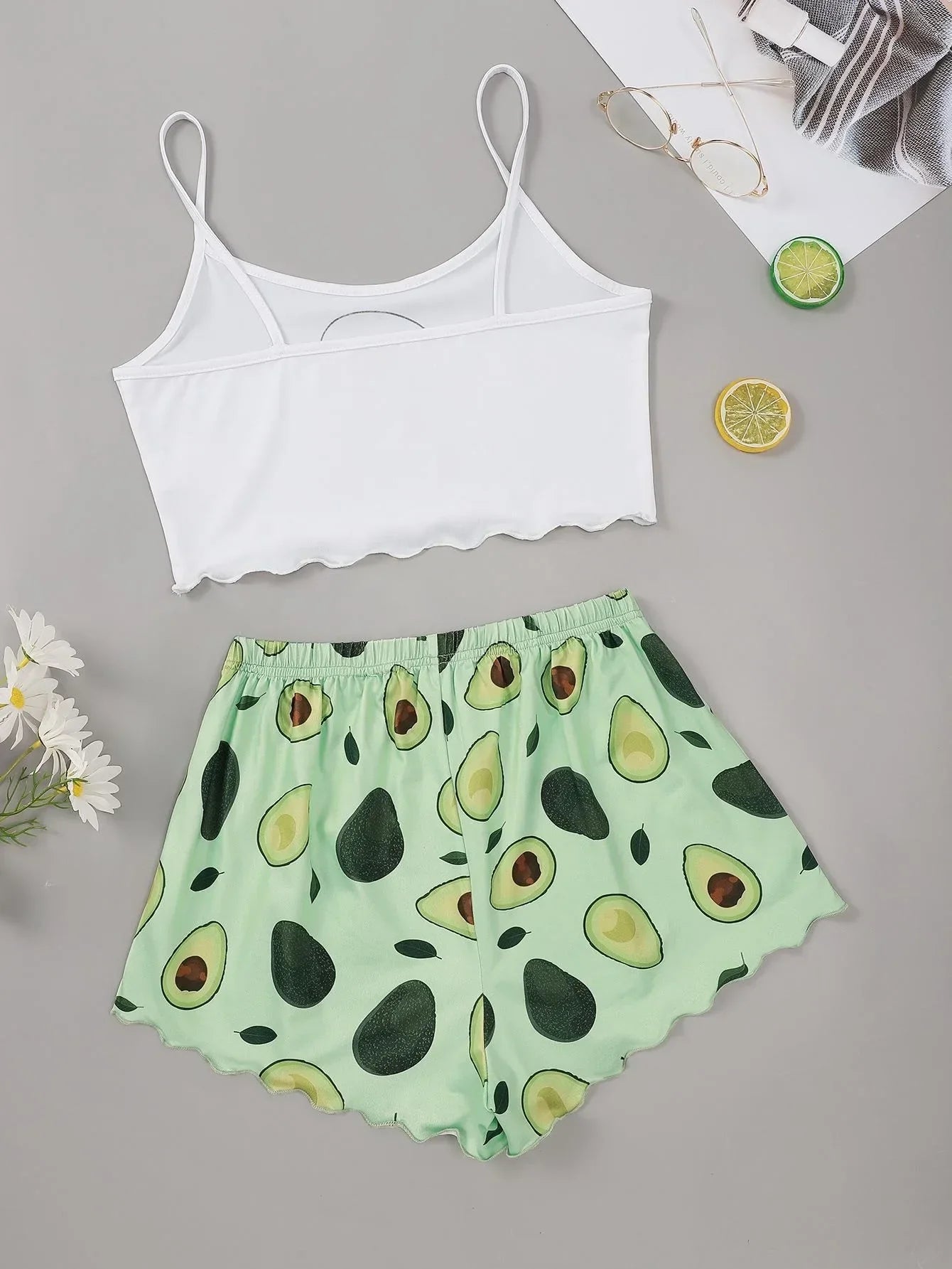 Avocado Print Camisole with Shorts Set Sleepwear Summer Pajamas Casual Lingerie Nightie Homewear Underwear