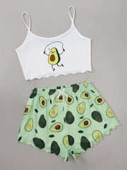 Avocado Print Camisole with Shorts Set Sleepwear Summer Pajamas Casual Lingerie Nightie Homewear Underwear