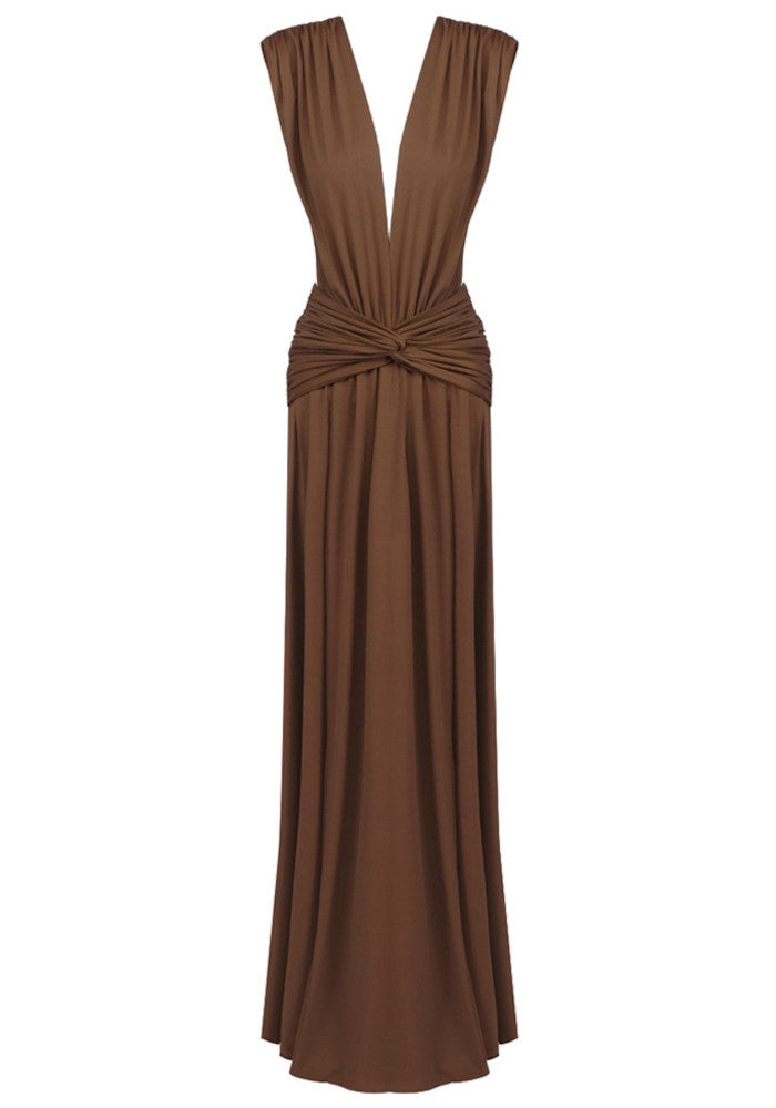 Backless Draped Maxi Dress Brown