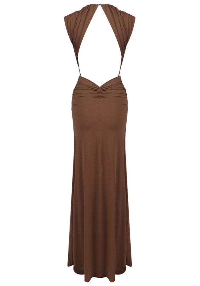 Backless Draped Maxi Dress Brown