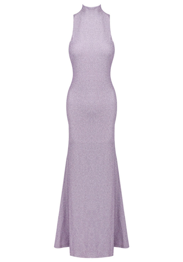Sparkly Backless Floral Detail Maxi Dress Lavender