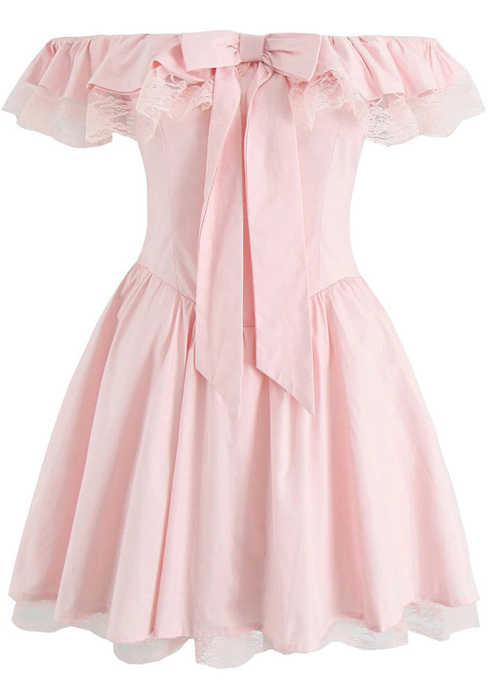 Bardot Bow Lace A Line Dress Pink