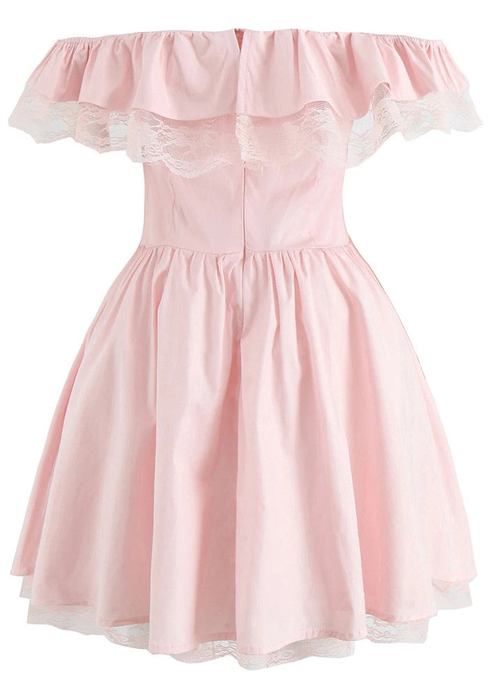 Bardot Bow Lace A Line Dress Pink