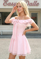 Bardot Bow Lace A Line Dress Pink
