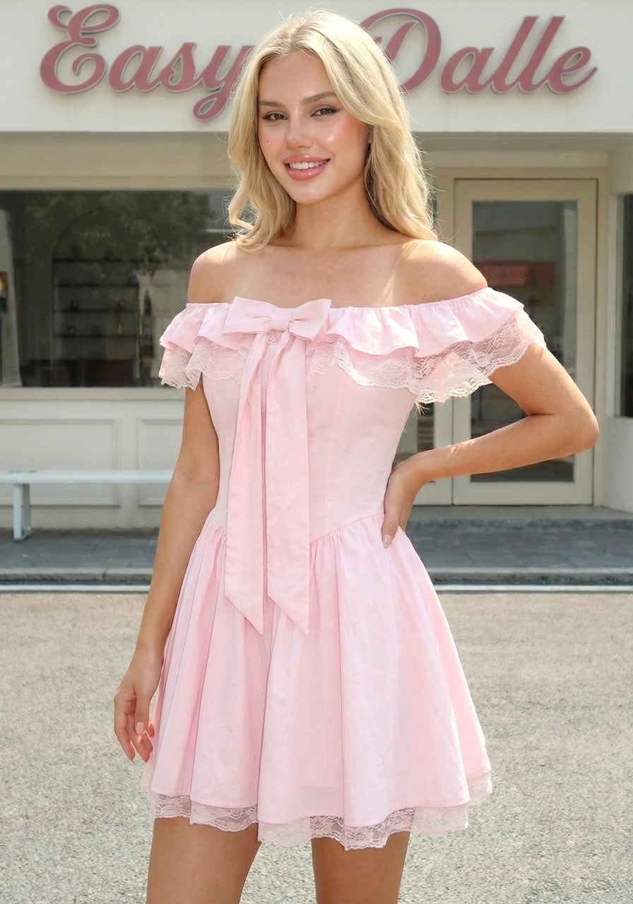 Bardot Bow Lace A Line Dress Pink