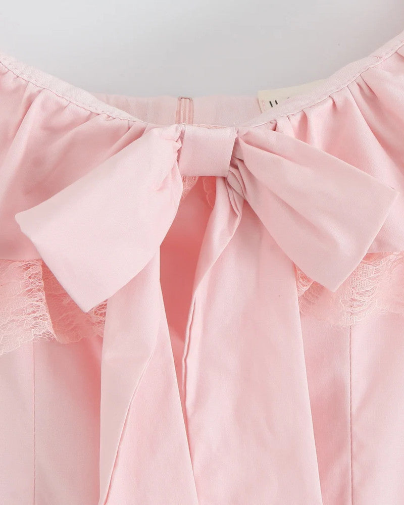 Bardot Bow Lace A Line Dress Pink
