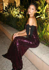 Bow Detail Bardot Sequin Maxi Dress Burgundy