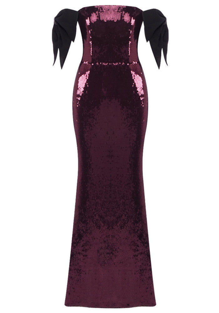 Bow Detail Bardot Sequin Maxi Dress Burgundy