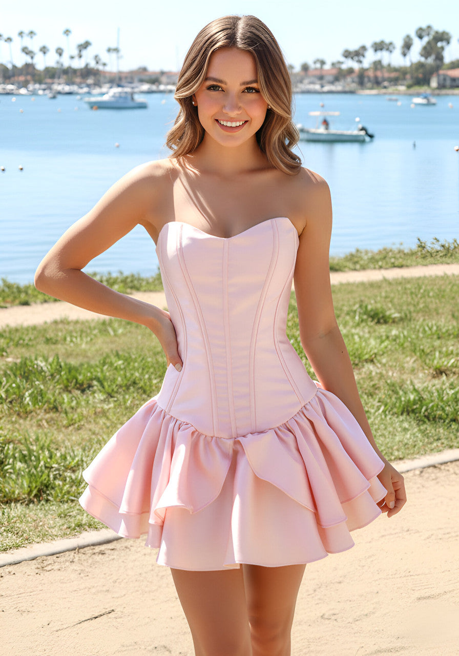 Bardot Strapless Corset Ruffle Dress Pink
