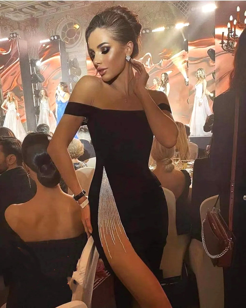 Bardot Crystal Mesh Midi Dress Black