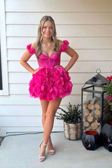 Bardot Lace Corset Floral A Line Dress Hot Pink