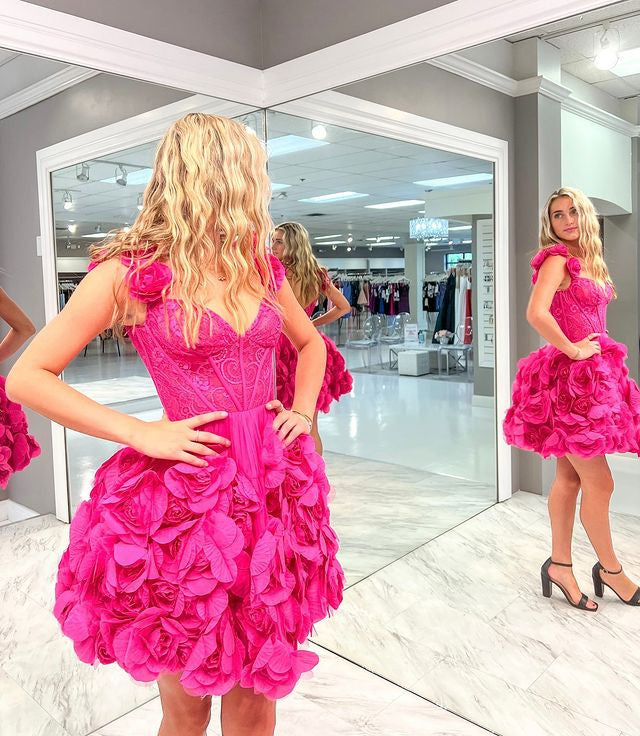Bardot Lace Corset Floral A Line Dress Hot Pink