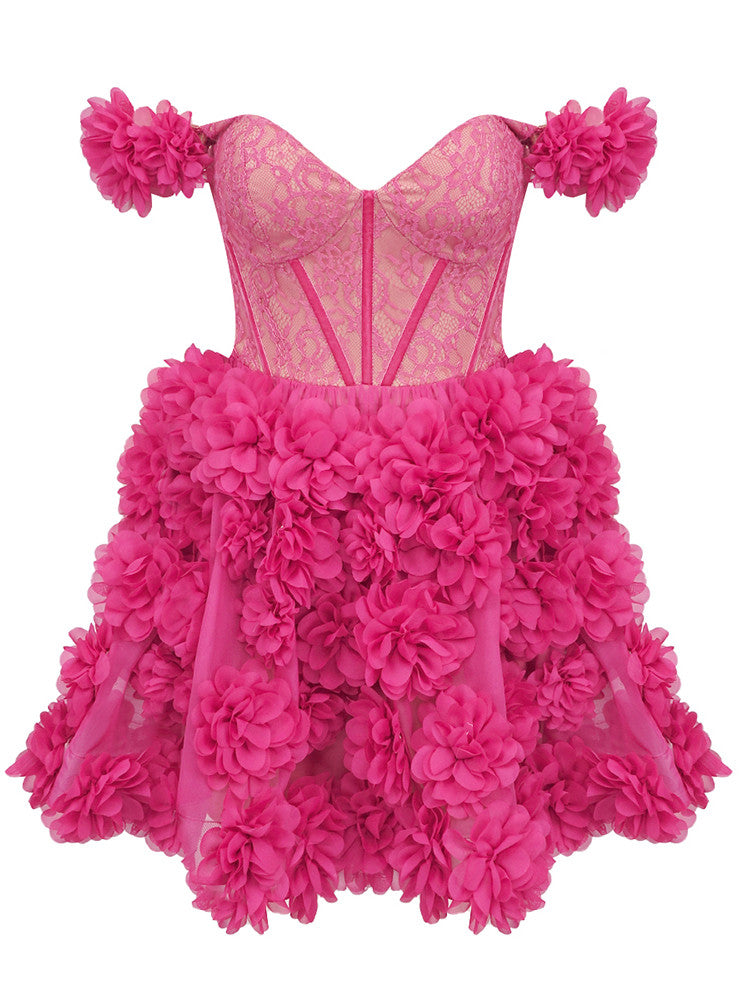 Bardot Lace Corset Floral A Line Dress Hot Pink