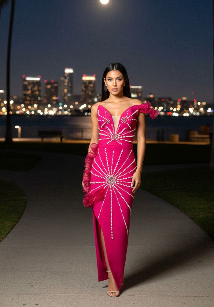 Bardot Pearl Ruffle Maxi Dress Hot Pink