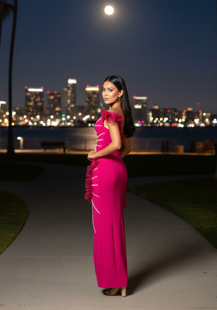 Bardot Pearl Ruffle Maxi Dress Hot Pink