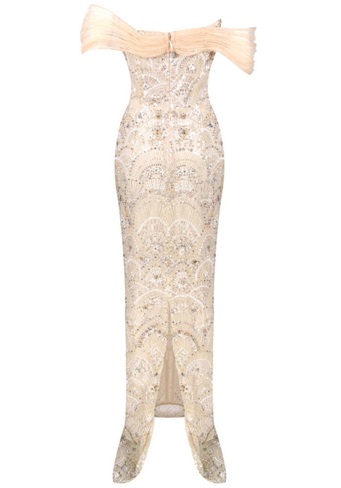 Bardot Sequin Bustier Maxi Dress Peach